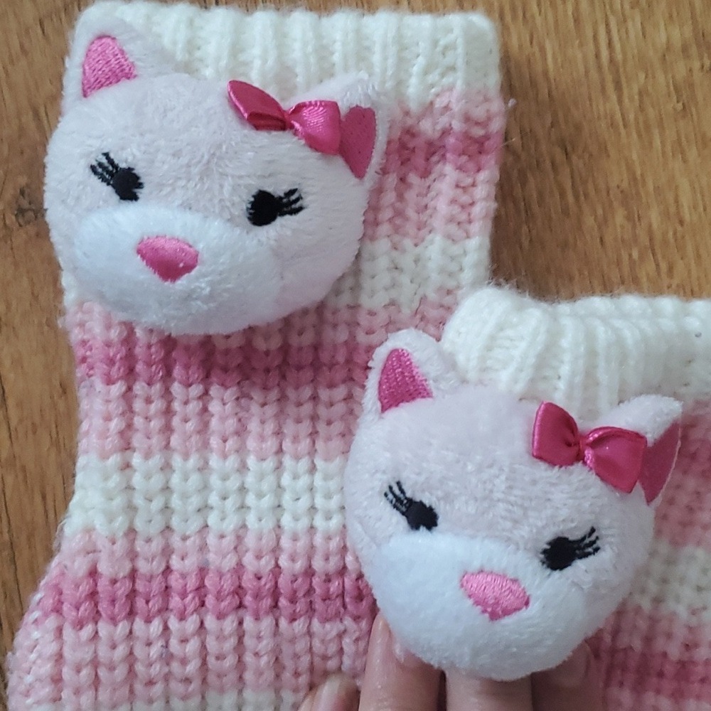 Girls Knitted Pink Striped Cat Nonslip Sock Slippers - Picture 7 of 7
